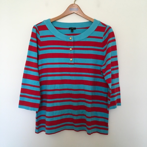 Talbots Pima Cotton Aqua Blue Red Striped Quarter Button Henley Top 1X Holiday - Picture 1 of 8